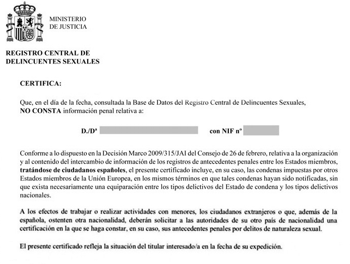 documento de certificado de delitos sexuales